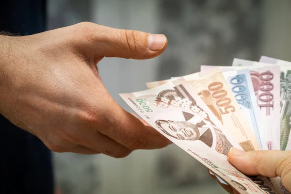 Money North Korea Given Another Person Hand Hand — Stock Photo, Image