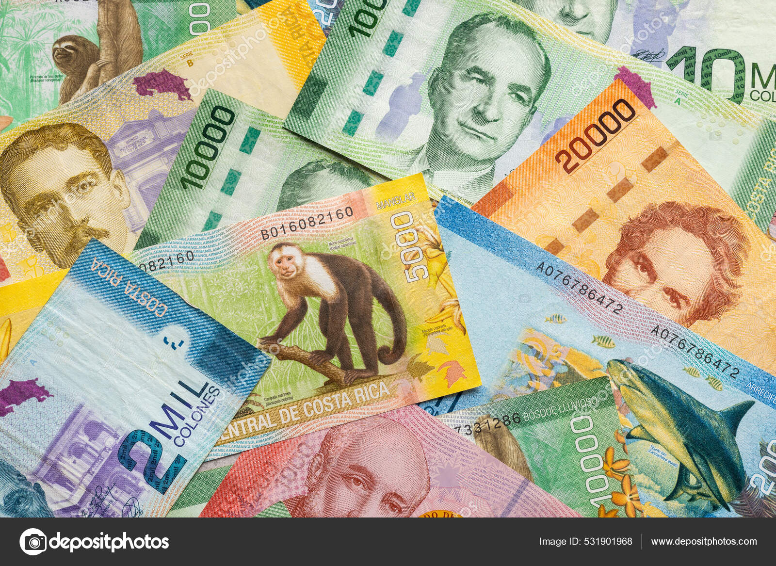 Costa Rica Currency All Banknotes Scattered Table Filled Frame Stock