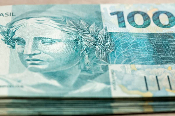Бразильські Гроші File 100 Reais Banknotes — стокове фото