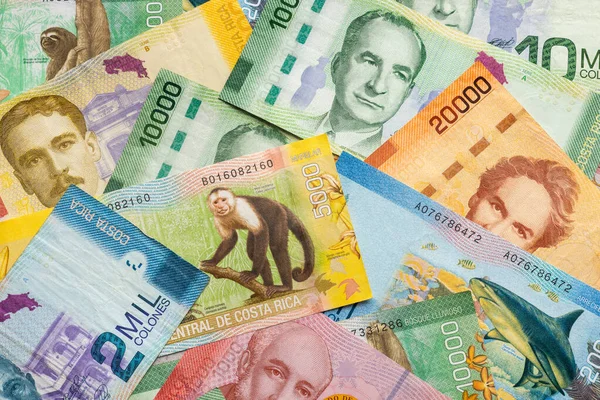 Costa Rica Währung Alle Banknoten Auf Dem Tisch Verstreut Gefüllter — Stockfoto