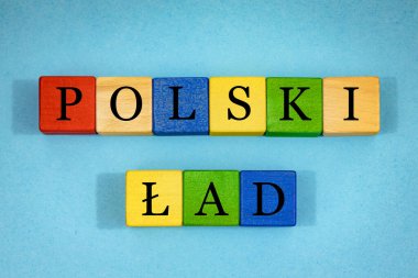 Polonya 'daki kamu maliyesi reformunu gösteren Lehçe Polski Lad yazısıyla renkli tahta bloklar, mavi arkaplan 