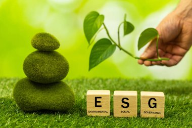 Çevresel, sosyal ve kurumsal yönetim metni fikri, el bilgisayarı blokları, toplum ve çevre ile sürdürülebilir gelişim kavramı, doğa unsurları 