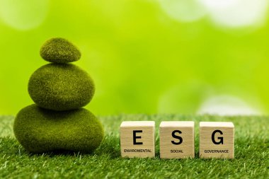 ESG, Çevre, Sosyal ve Yönetim Konsepti, Bloklardaki Yazıt, Çevreye, Topluma ve İş dünyasına önem veren bir şirketin sürdürülebilir gelişimi fikri. Yosun taşları, yeşil arkaplan