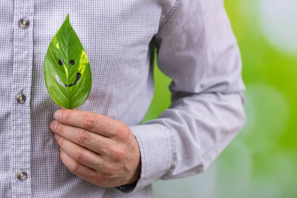 Бізнесмен Тримає Зелений Лист Руках Розмальованою Посмішкою Природним Фоном Розмитою — стокове фото