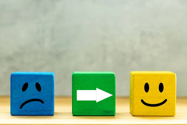 Positive and negative reactions, Change of attitude, creative concept, business and personal development, Blue block with a sad emoticon, green with an arrow indicating a happy smile