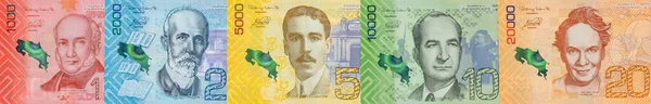 Wszystkie Banknoty Kostaryki Front Panorama Nowe Pieniądze — Zdjęcie stockowe
