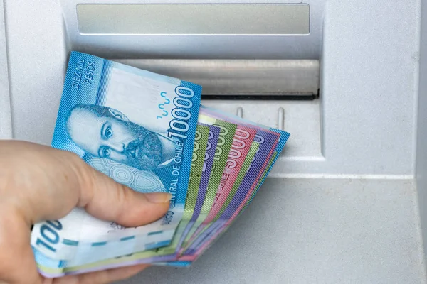 Woman Takes Chilean Money Atm Economic Concept Inflation Rising Cost — стоковое фото