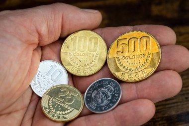Costa Rica money, shiny coins lying on an outstretched hand