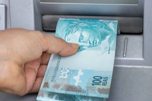 Brazilian Currency Withdrawn Atm Financial Economic Concept Related Inflation Rising — стокове фото