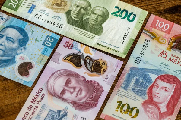 Mexican Pesos Various Banknotes Lying Table — Zdjęcie stockowe