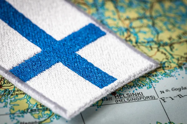 Finland flag on the map, highlighted Helsinki. The capital of the country