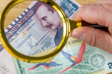 Honduras parası, banknotlar masaya yayılmış, yalan büyüteç, mali ve iş konsepti