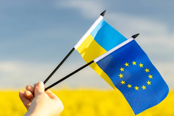 Bandeiras Ucrânia União Europeia Mantidas Mão Uma Mulher Contexto Céu — Fotografia de Stock