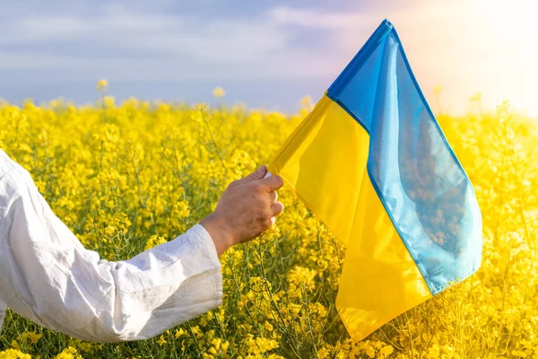 Ein Ukrainischer Bauer Hält Einem Sonnigen Tag Eine Ukrainische Fahne — Stockfoto
