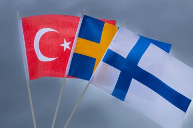 Fırtınalı bir gökyüzüne karşı Finlandiya ve İsveç bayraklarının yanında duran Türk bayrağı, Kuzey Atlantik Antlaşması 'nın bir üyesiyle üyelik adayları arasındaki siyasi çatışma kavramı