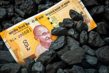 Hindistan 'da kömür yığınından çıkan Hindistan parası, 200 rupi banknot, Hindistan' da madencilik kavramı yükselen kömür fiyatları, çevresel etki, ülkenin ekonomisi.