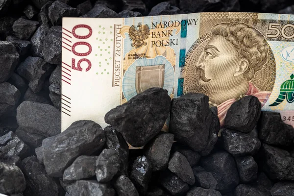 Polské Peníze Trčící Uhlí Koncepce Těžby Těžby Uhlí Polsku 500 — Stock fotografie
