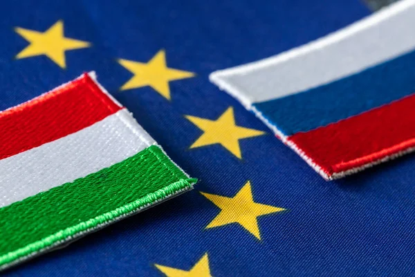 Flag Hungary Surrounded Stars Symbol European Union Flag Russia Russia — Stock Photo, Image