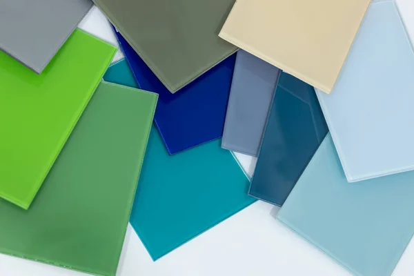 Colored glass samples, Cold colors palette, interior design, decorative room finishes, Glass materials