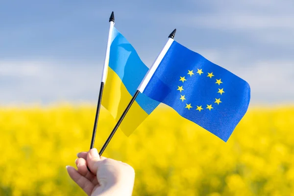 Bandeiras Com Símbolos União Europeia Ucrânia Realizada Mão Uma Menina — Fotografia de Stock