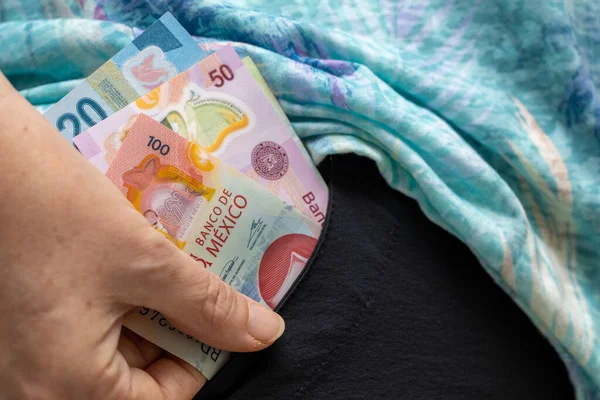 Woman Pulls Mexican Money Pesos Bills Her Pocket — Stock Photo, Image