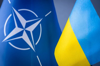 29 Haziran Madrid, İspanya, Kuzey Atlantik İttifakı 'nın sembolü olan Ukrayna bayrağı, NATO Zirvesi konsepti ve Ukrayna' daki durumu tartışıyor.
