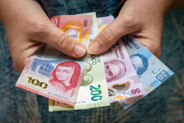 Meksika parası kadının elinde, ev bütçesi konsepti.