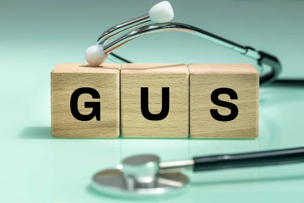 Balok Kayu Dengan Kata Kata Gus Sistem Urogenital Stetoskop Medis — Stok Foto