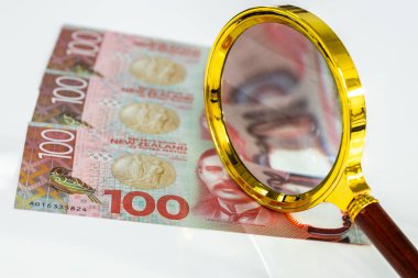 Yeni Zelanda parası, düz yatak, 100 dolarlık banknotlar, büyüteç, beyaz arka plan, iş ve finans konsepti, piyasa ve enflasyon gözlemi, para birimi istikrarı