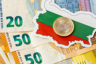 Bulgaristan 'ın bayrakları ve dış hatları avro banknotları, yaratıcı kavram, Bulgarların avro bölgesine katılımına karşı