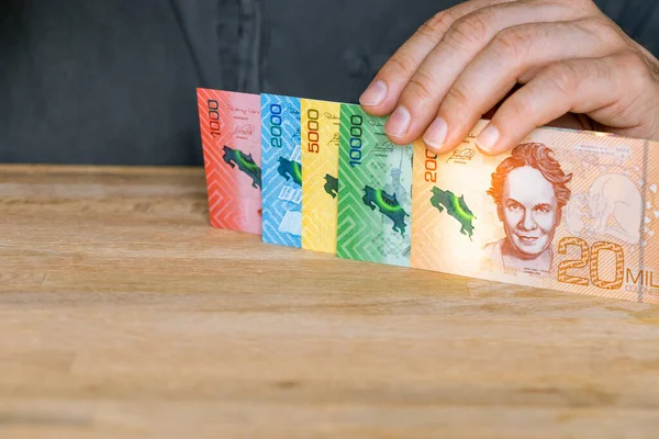 Costa Rica Currency Colon Man Holds Money His Hand All — Fotografia de Stock