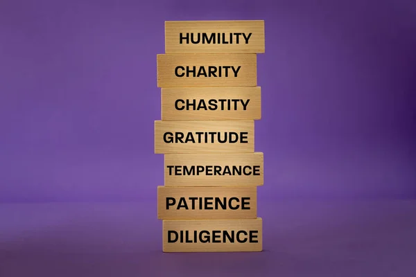 seven virtues according to the Christian faith, written on wooden tablets, purple background, Concept of values and principles of faith, Counterweight to the seven deadly sins