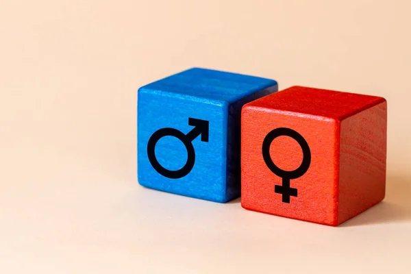 red and blue wooden block with female and male gender symbol, Venus and Mars, Creative equality concept, cute apricot background