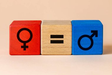red and blue wooden block with female and male gender symbol and equality sign, Venus and Mars, Creative equality concept, cute apricot background