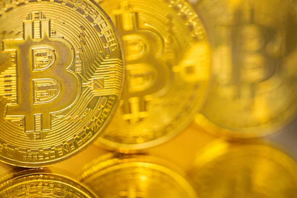 Golden Bitcoins Reflecting Shafts Virtual Assets Concept — Foto de Stock