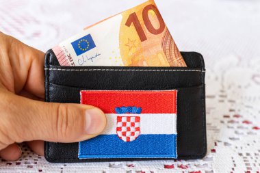Wallet with a protruding 10 euro banknote and the symbol of Croatia, The concept of changing the currency and joining the Euro zone by Croatia