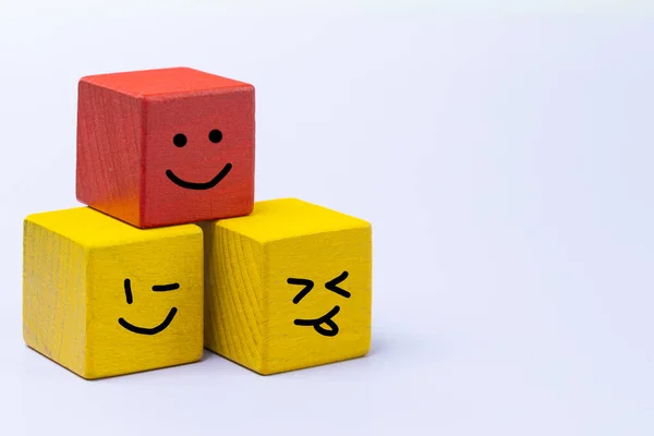 Smiling Faces Drawn Colored Wooden Blocks Concept Positive Attitude Instilling — 스톡 사진