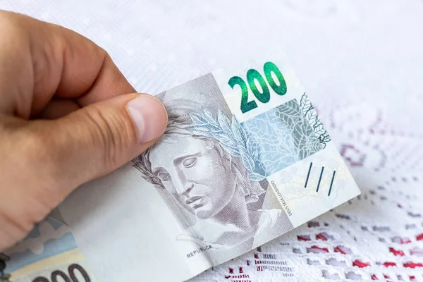 Brazil Highest Banknote 200 Reais Held Your Hand — Stock Photo, Image