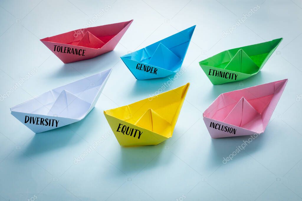 Equity, identity, marking, sign of belonging. colored paper ships of diversity, equality of identity, inclusion with words, integration, with a  blue pastel background. Integration, concept affiliation