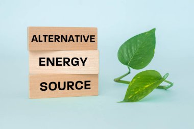 alternative energy source, Written on wooden blocks, Bright background, Green leaves, The concept of using natural energy sources without interfering with the environment
