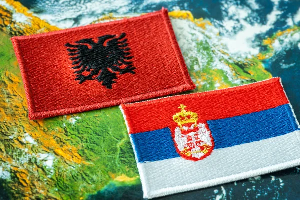 Flags Albania Serbia Concept Difficult Relations Two Countries Conflict Serb — Stock Photo, Image