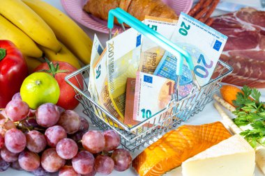 Avrupa Birliği 'nde gıda fiyatlarında artış, Avrupa' da artan enflasyon konsepti, meyve, sebze, et, peynir ve içinde Euro banknotları bulunan bir alışveriş septi