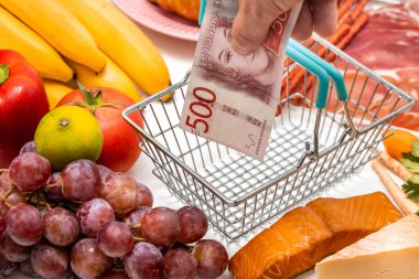 İsveç 'te artan gıda fiyatları, yükselen enflasyon konsepti, meyve, sebze, et, içinde sepet olan peynir ve İsveç krona banknotunu tutan bir el.