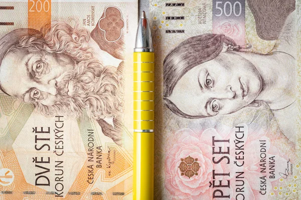 Финансовые Расчеты Чешской Республике Концепция 200 500 Крон Банкноты Сложены — стоковое фото