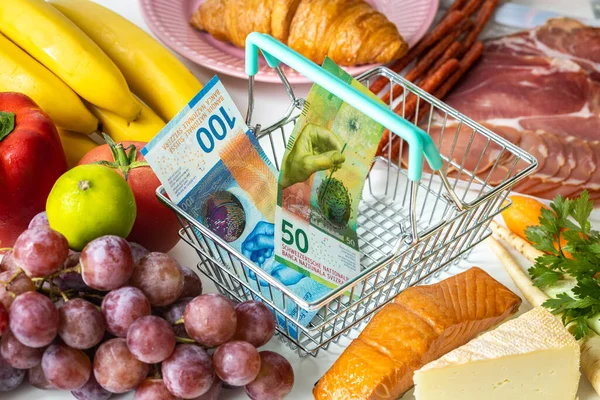 Rising Food Prices Switzerland Concept Rising Inflation Fruits Vegetables Meat — Stock Photo, Image