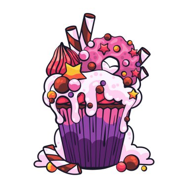 Kremalı kek, dondurma, lolipop ve marmelatlı. Parlak tatlı..