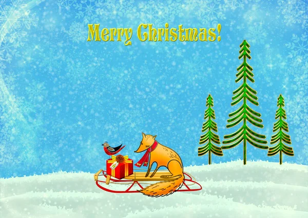 Christmas Background Fox Sled Gifts Snowflakes Light Merry Christmas Card — Stock Photo, Image