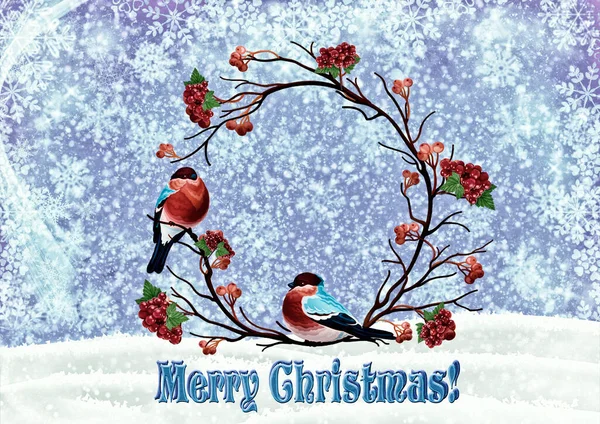 Christmas Background Bullfinches Viburnum Branch Snowflakes Light Merry Christmas Card — Stock Photo, Image