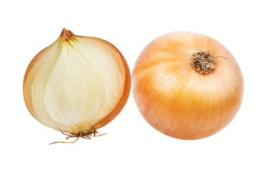 Beyaz arkaplanda soğan izole edildi