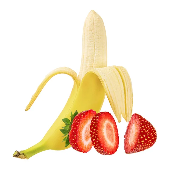 Bananen Aardbeien Geïsoleerd Wit — Stockfoto